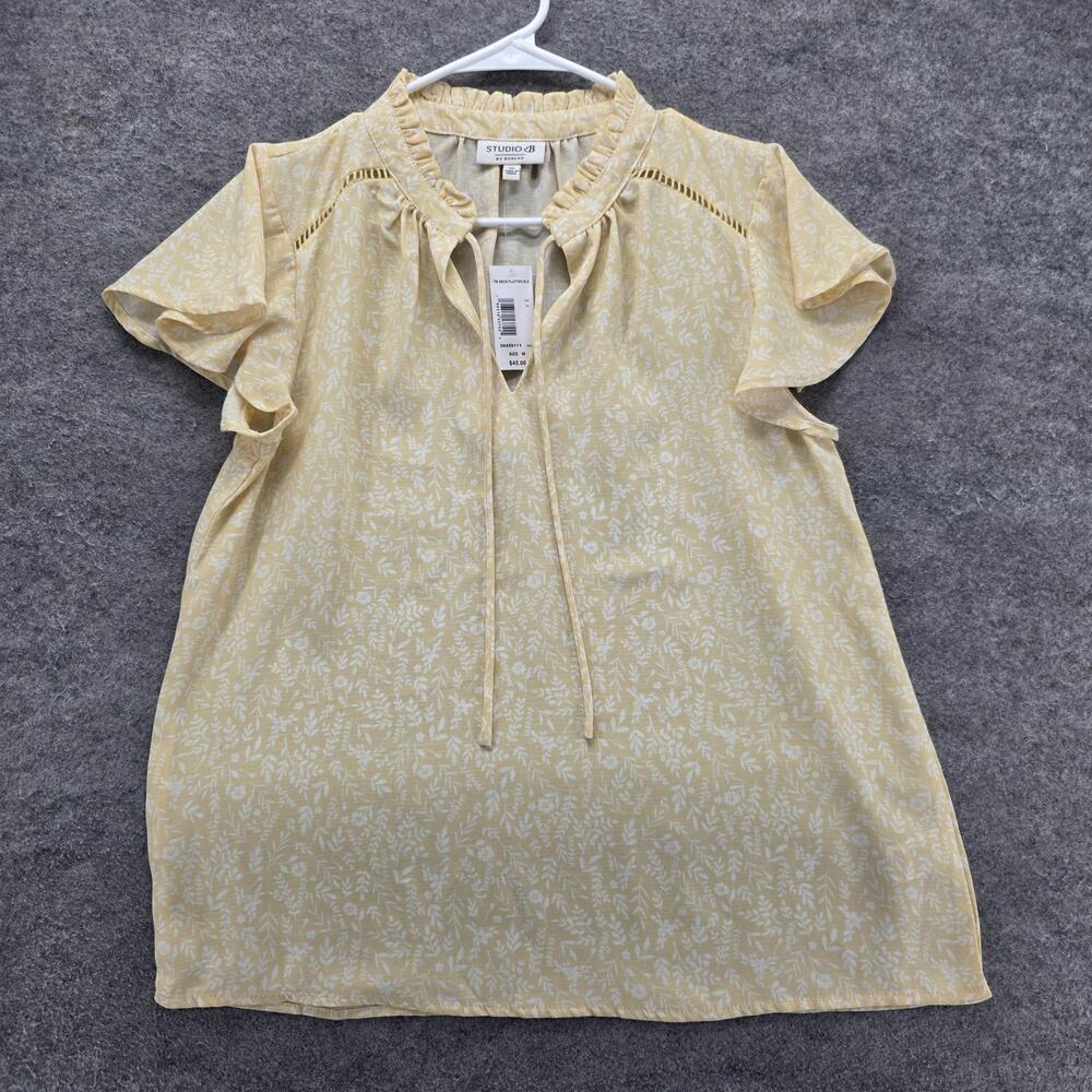 Studio B By Bobeau Shirt Womens Medium Yellow Tie Neck Flutter Sleeve Floral